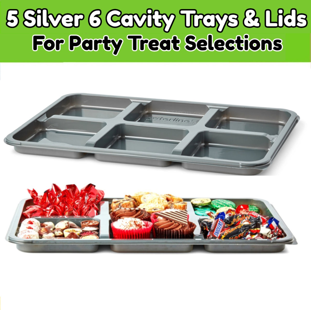 5 Large, Silver 6 Cavity Platters & Clear Lids- 450mm x 310mm