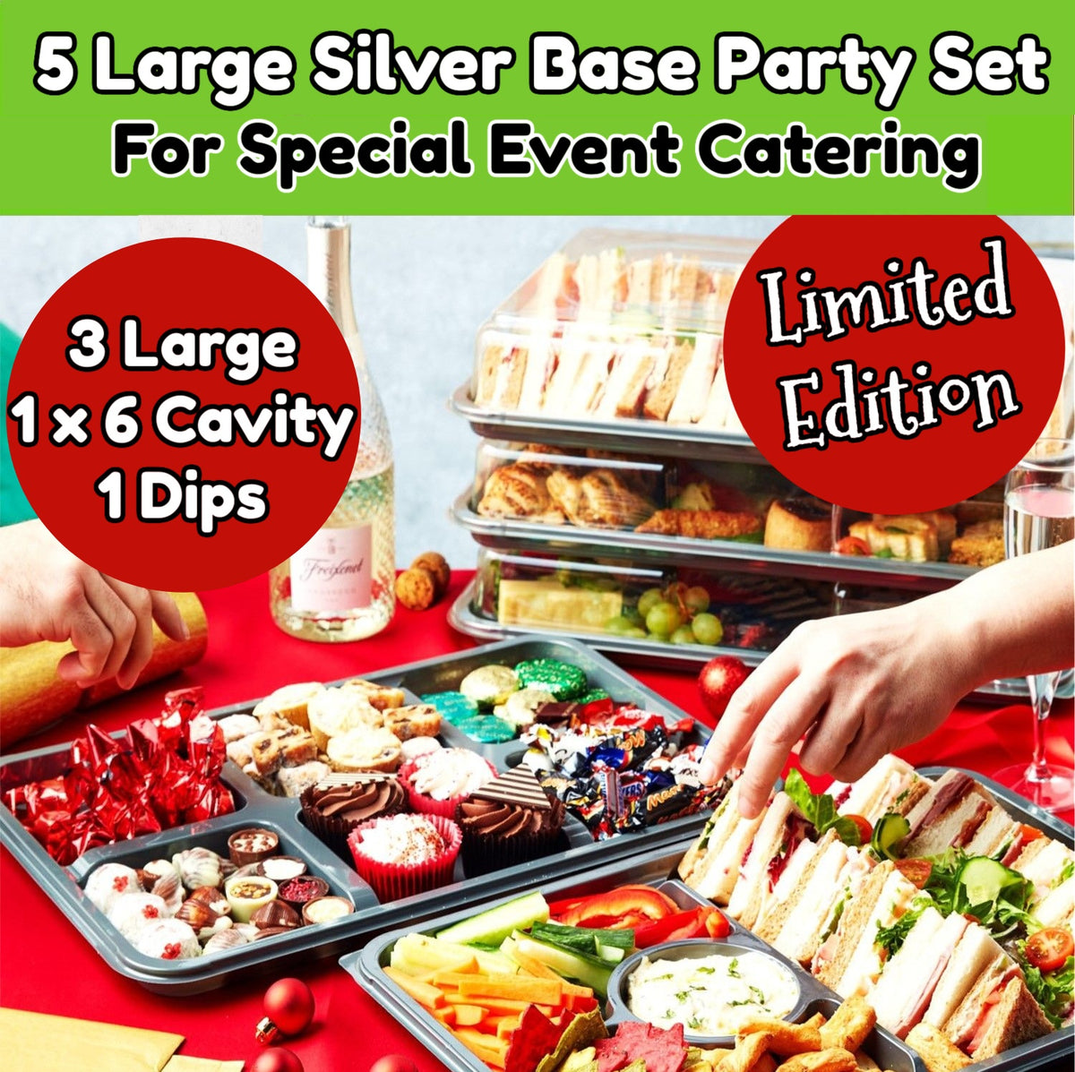 5 x Silver Base Party Set & Clear Lids 3 x Large + I Large Dip Platter + 1 Large 6 Cavity Platter