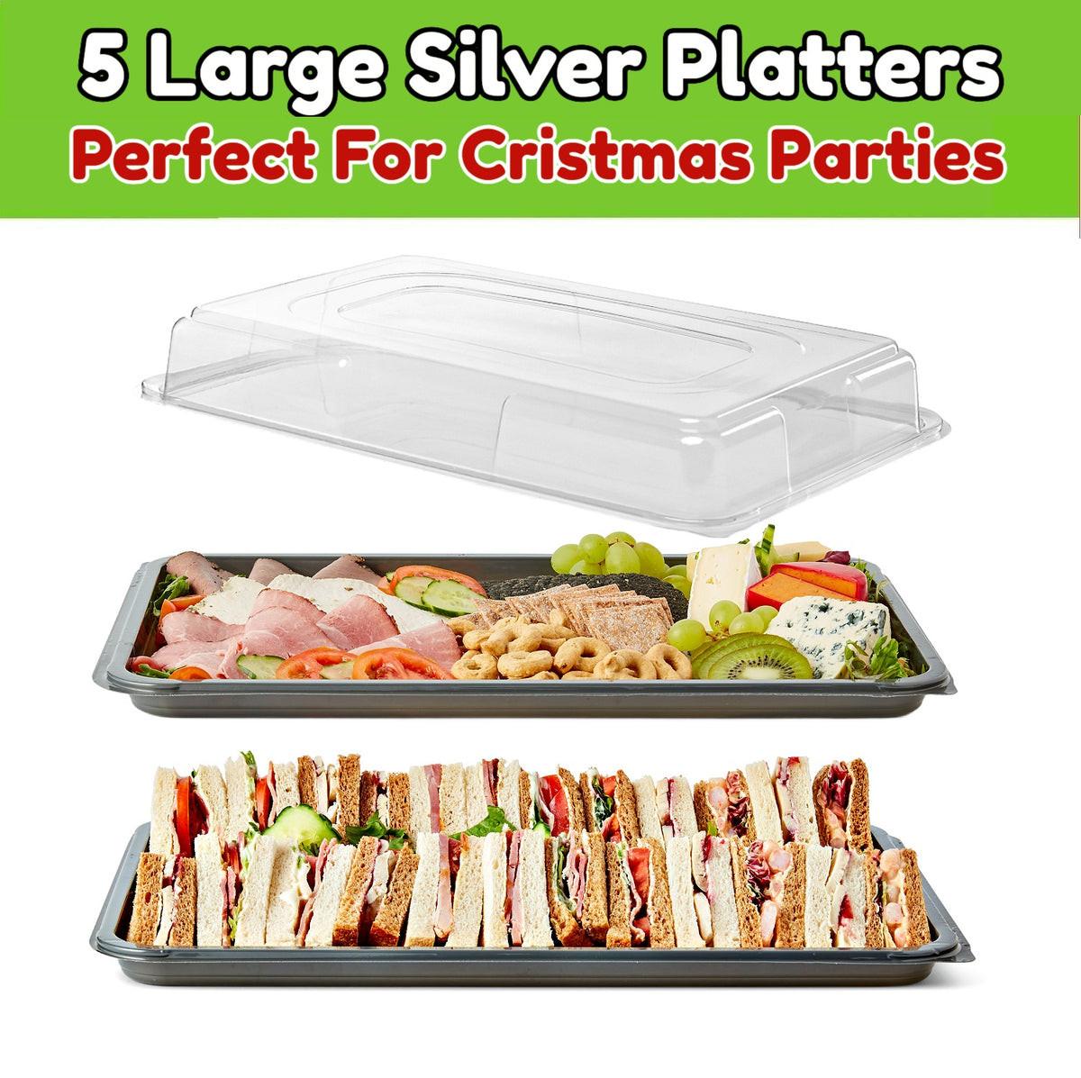 5 Large Silver Christmas Platters + Clear Lids - 450mm x 310mm