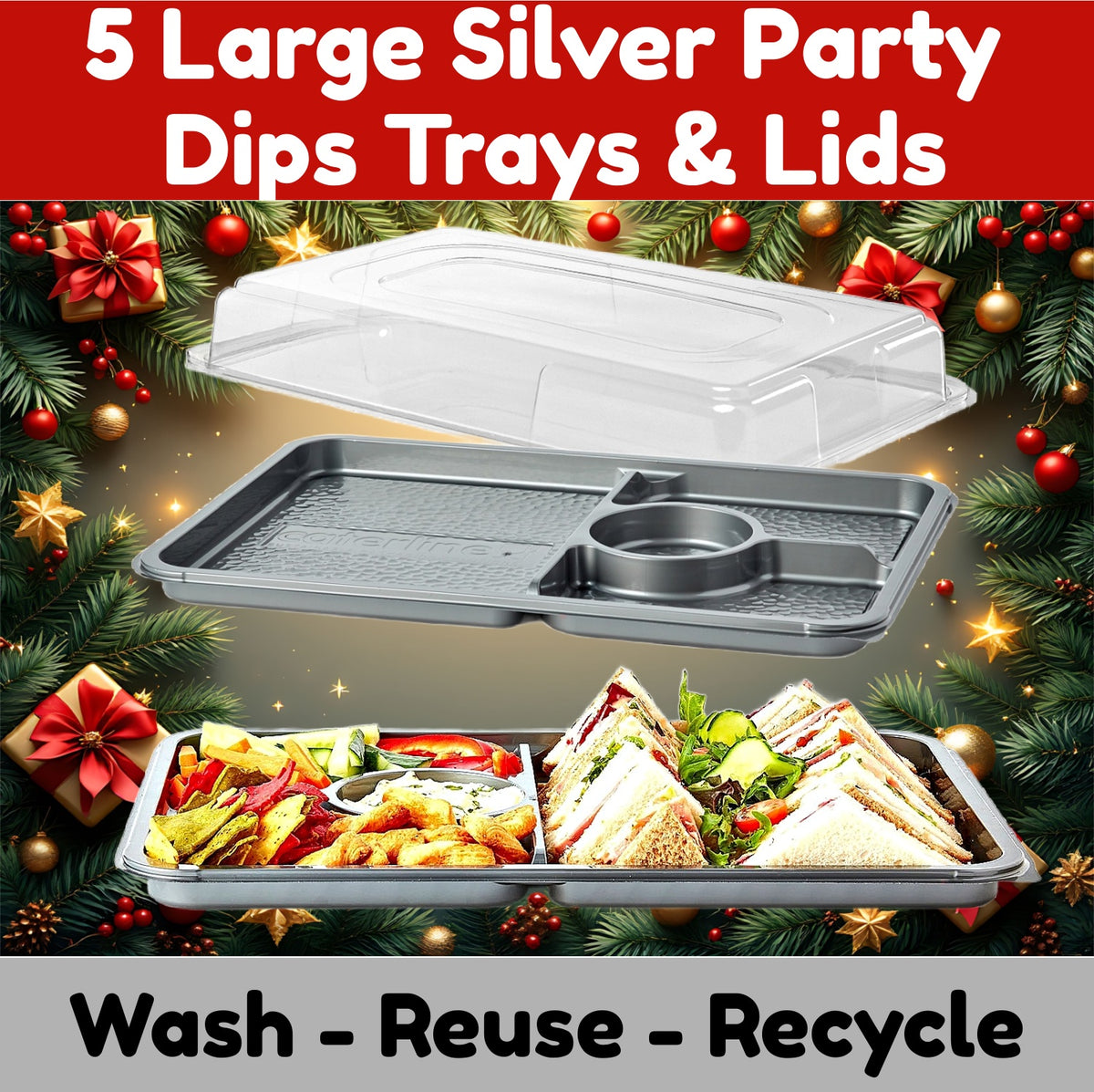 5 Large Silver Christmas Party Dips Trays with Clear lids - 450mm x 310mm