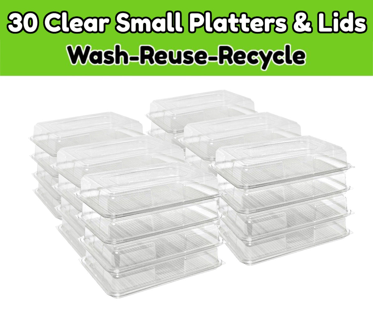 30 Clear Base Small Platters + Clear Lids Reusable & Recyclable