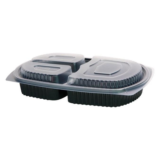 50 x 3 Compartment Microwavable Meal Trays with Lids (260mm x 180mm x 50mm - Caterline -